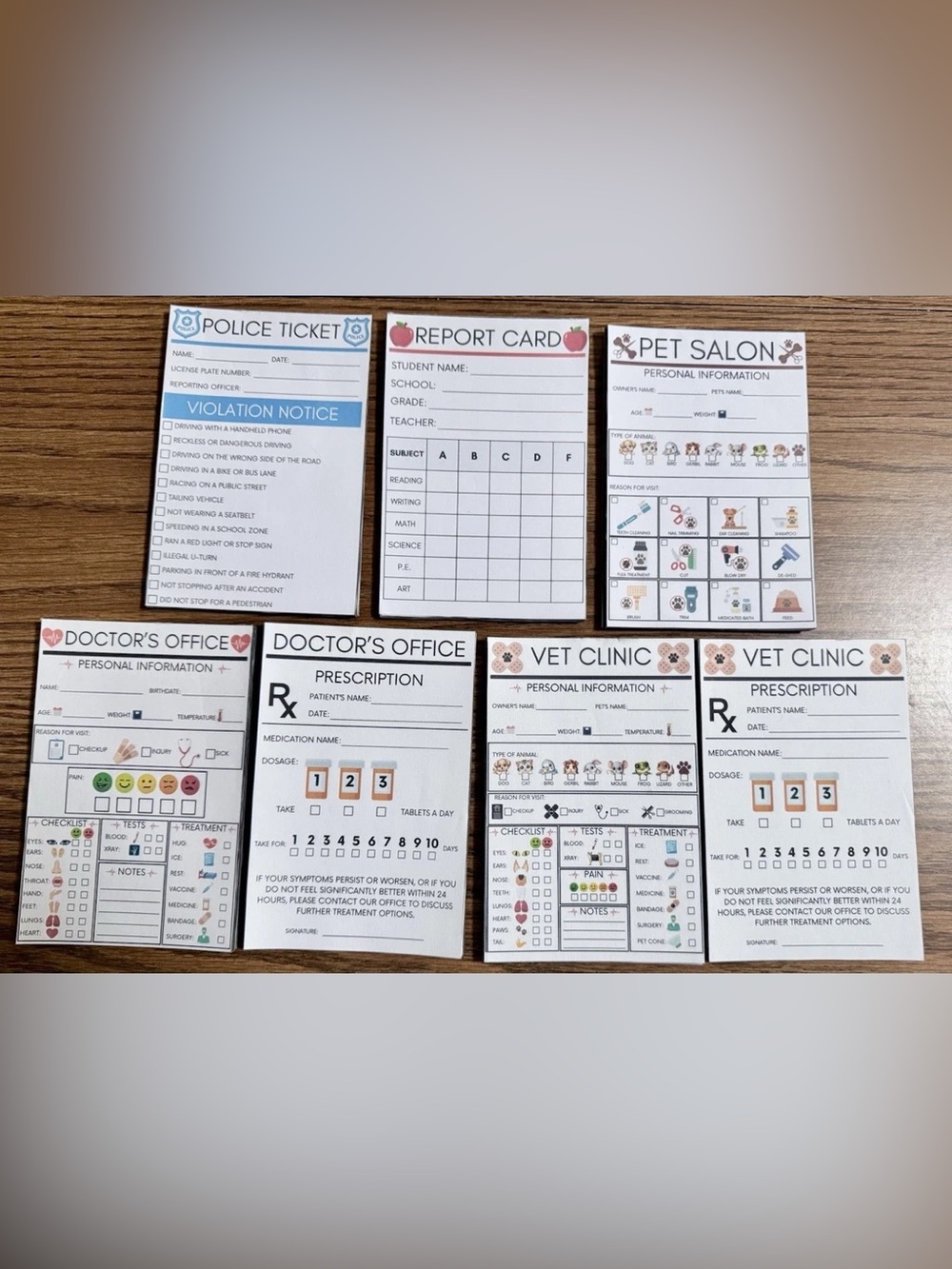 Kids Pretend Play Notepad Set – Doctor, Vet, Police Ticket & Report Card